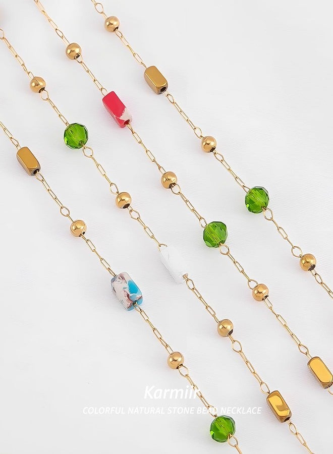 Karmiir Dainty Color Stones Necklace for Women, Stainless Steel Titanium Necklace with Oval Natural Stones, Cube Beads & Gold Accents, Station Necklace Women’s Jewelry for Layering & Daily Wear - Image 2